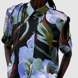 No.6 Chloe Top in Peony floral hammered silk short sleeve button down blouse front view with cropped fit