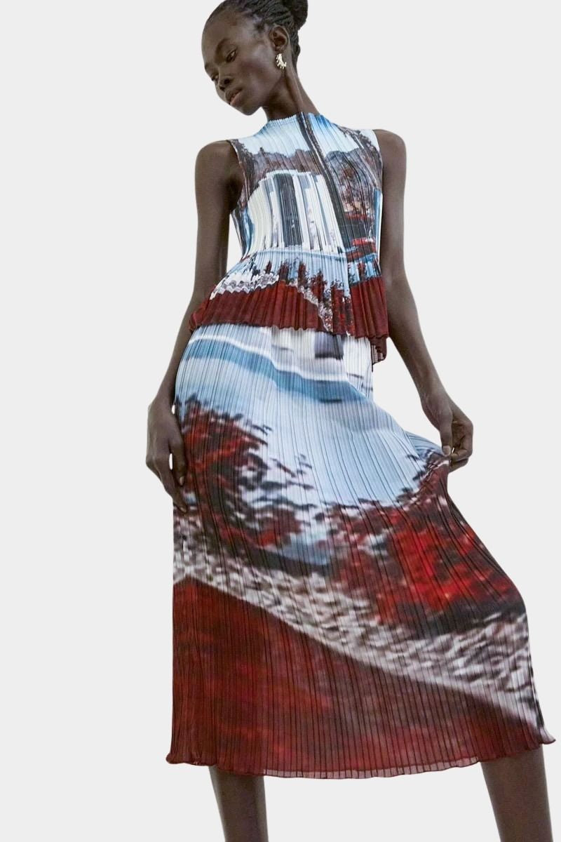 No.6 Hiroko skirt in Cinema print styled with matching Rae tank, featuring soft pleats, scenic photo print, and slim draped fit