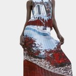No.6 Hiroko skirt in Cinema print styled with matching Rae tank, featuring soft pleats, scenic photo print, and slim draped fit