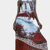 No.6 Hiroko skirt in Cinema print styled with matching Rae tank, featuring soft pleats, scenic photo print, and slim draped fit