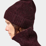 No.6 Knit Beanie in Bordeaux worn slightly slouched, close side view of its knit texture