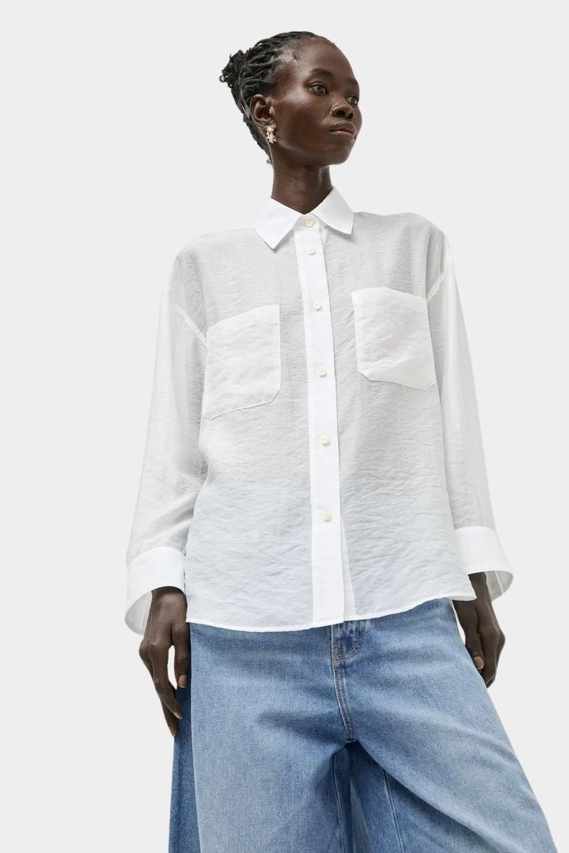 Front view of the No.6 Lake Shirt in White Organza with semi sheer organza texture, patch pockets, relaxed fit, and crisp pointed collar.