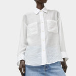 Front view of the No.6 Lake Shirt in White Organza with semi sheer organza texture, patch pockets, relaxed fit, and crisp pointed collar.