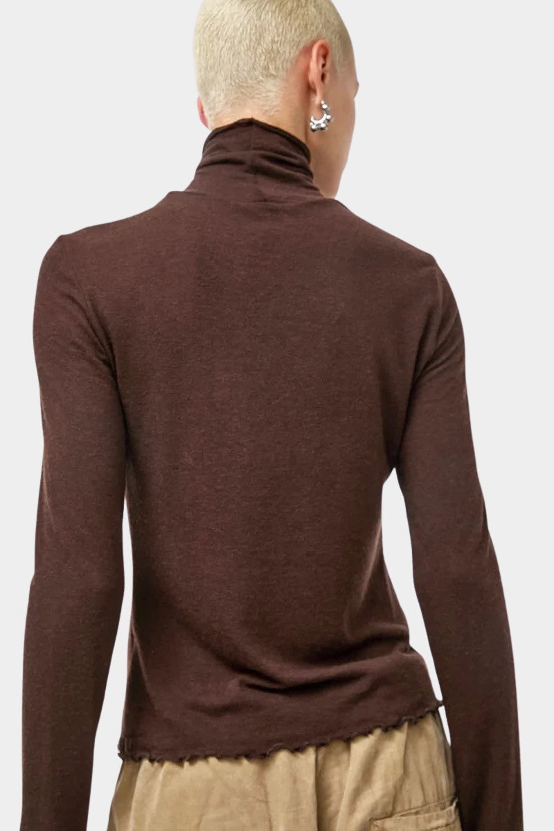 No.6 Lennon Turtleneck in Espresso, back view showing the high neck and lettuce edge