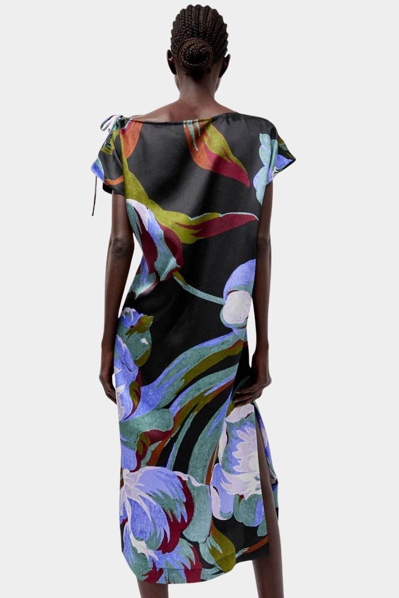No.6 Marion Dress in Peony floral silk midi dress back view showing relaxed silhouette and shoulder tie
