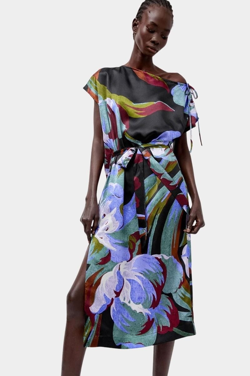 No.6 Marion Dress in Peony floral silk midi dress front view with side slit and draped silhouette