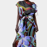 No.6 Marion Dress in Peony floral silk midi dress front view with side slit and draped silhouette