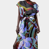 No.6 Marion Dress in Peony floral silk midi dress front view with side slit and draped silhouette