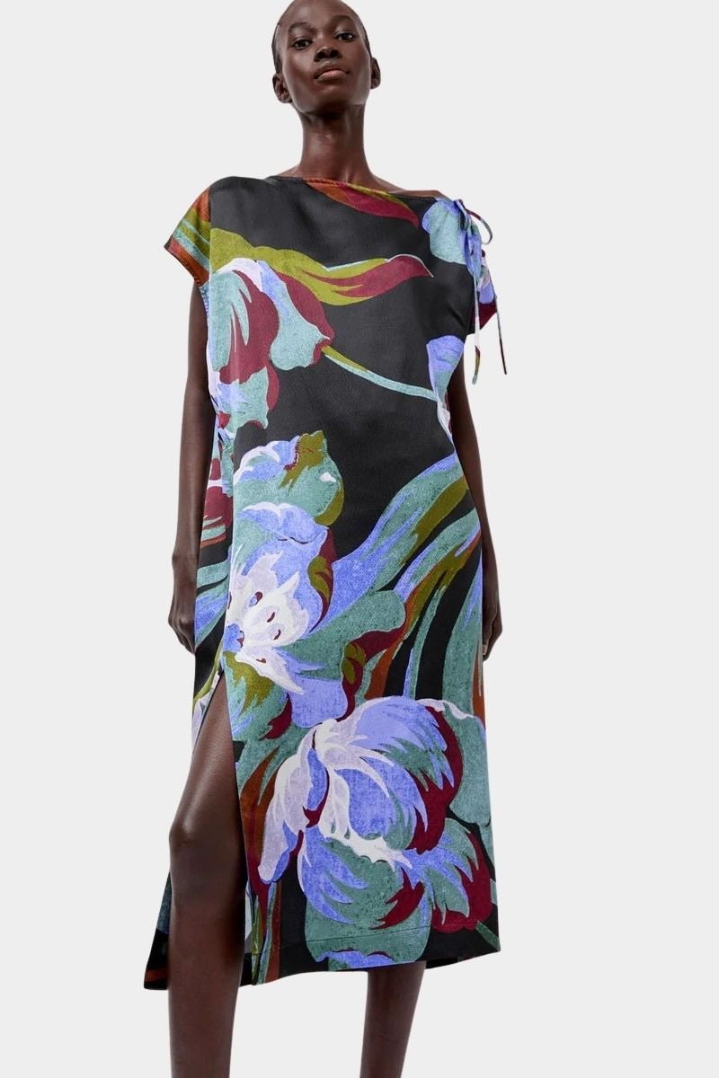 No.6 Marion Dress in Peony floral silk midi dress styled with waist tie and side slit detail