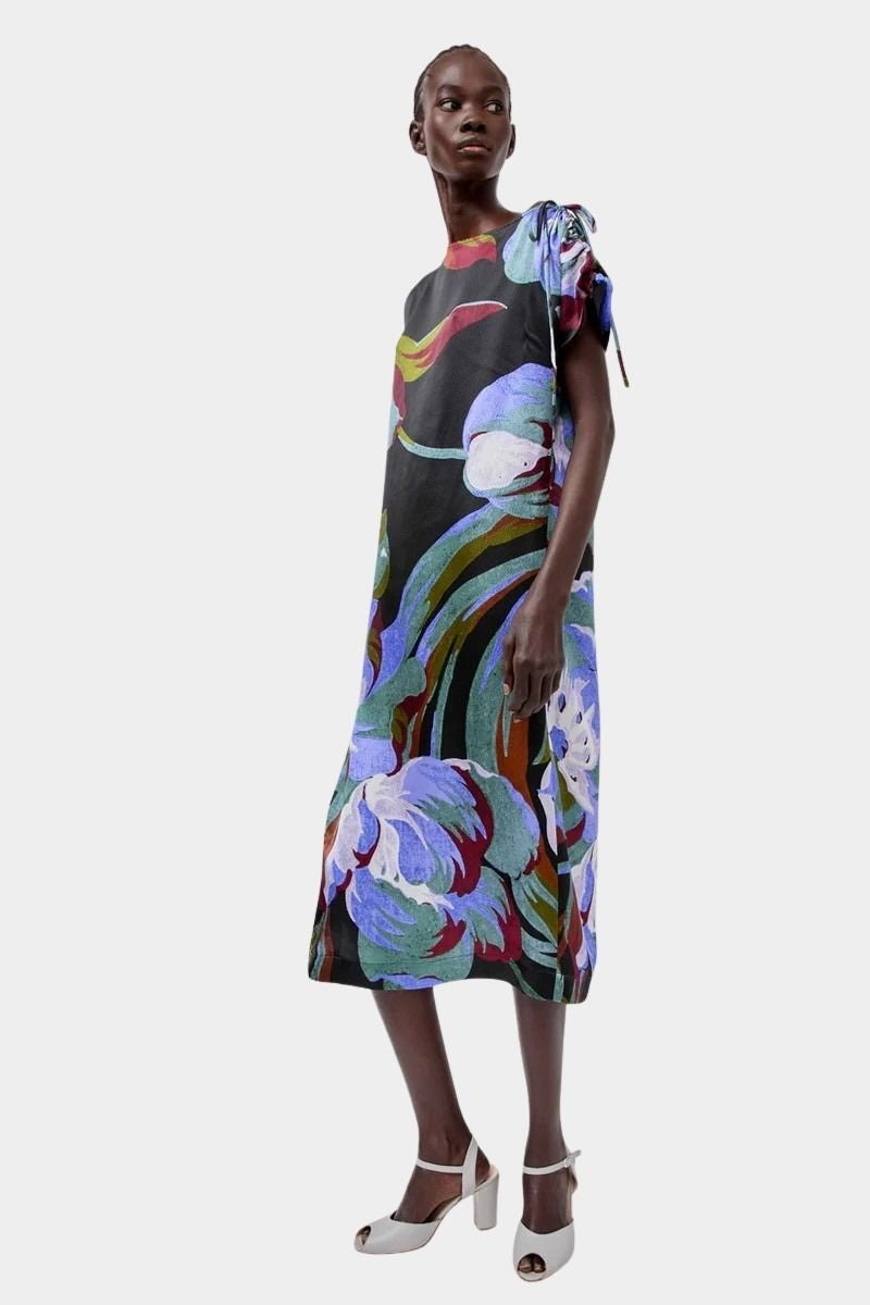 No.6 Marion Dress in Peony floral silk midi dress front view showing relaxed fit and cap sleeve