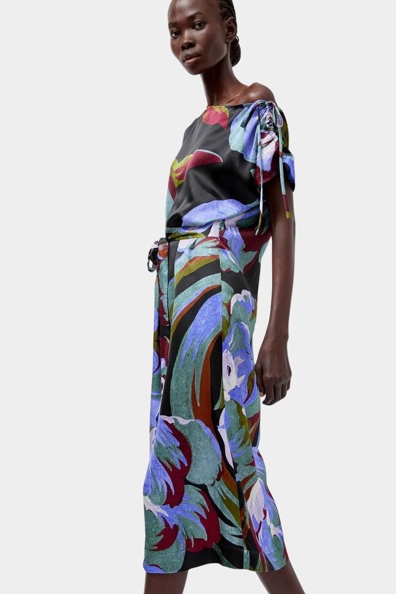 No.6 Marion Dress in Peony floral silk midi dress with tie shoulder detail and waist belt front angled view