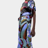 No.6 Marion Dress in Peony floral silk midi dress with tie shoulder detail and waist belt front angled view