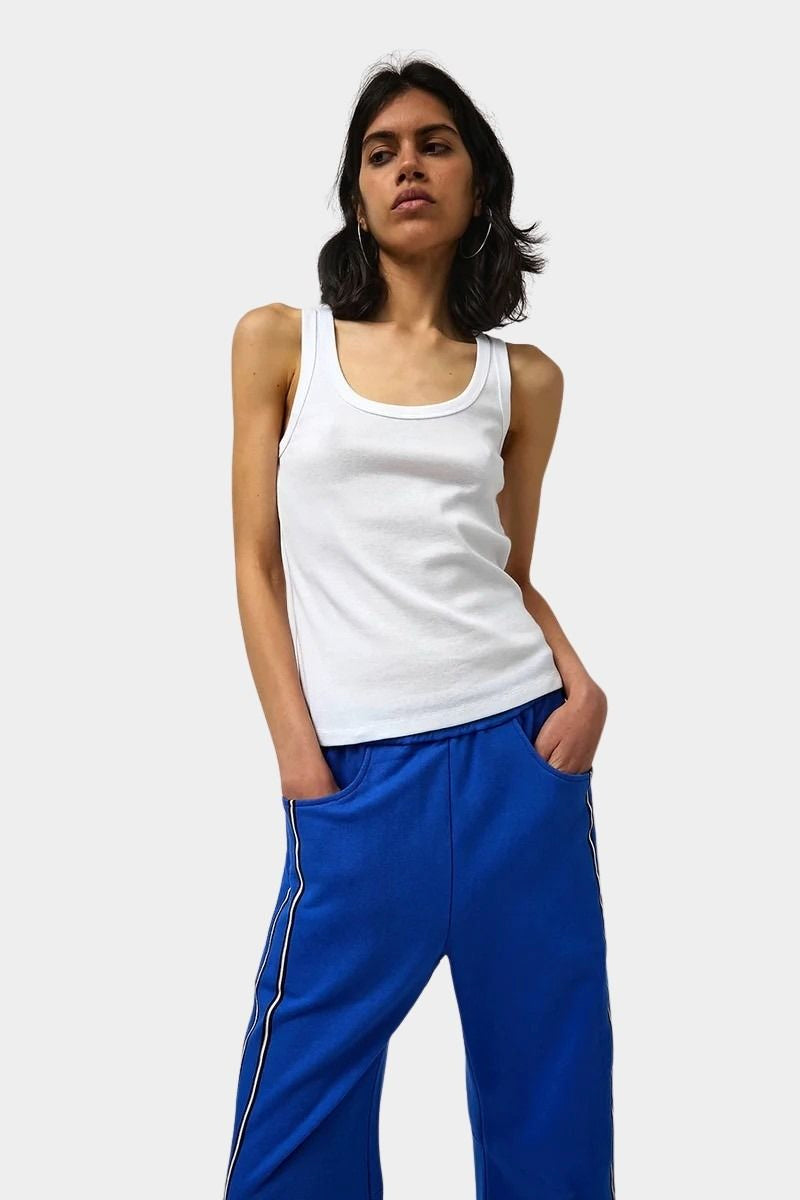 Max Top in White by No.6 styled with cobalt blue pants in an effortless everyday look