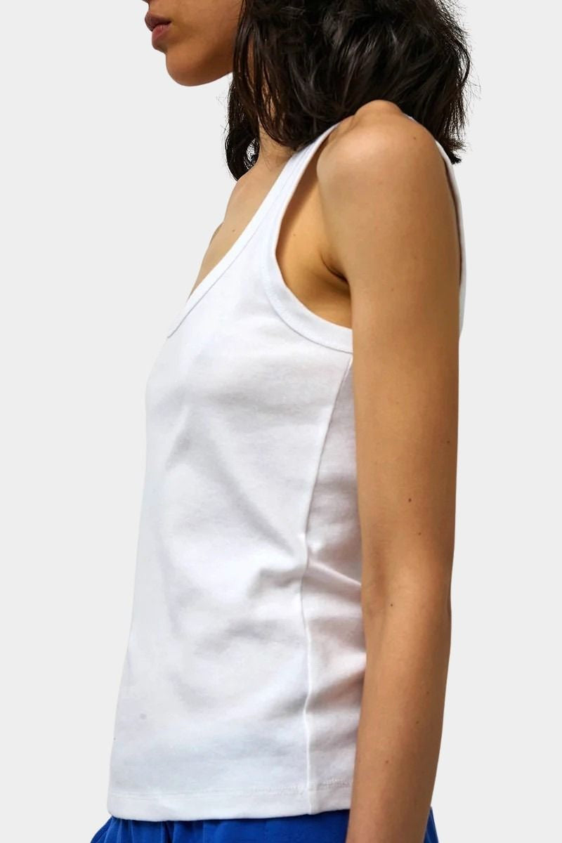 Side profile of Max Top in White by No.6 with wide binding, soft cotton construction, and slim fit shape
