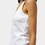 Side profile of Max Top in White by No.6 with wide binding, soft cotton construction, and slim fit shape
