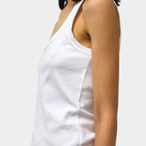 Side profile of Max Top in White by No.6 with wide binding, soft cotton construction, and slim fit shape
