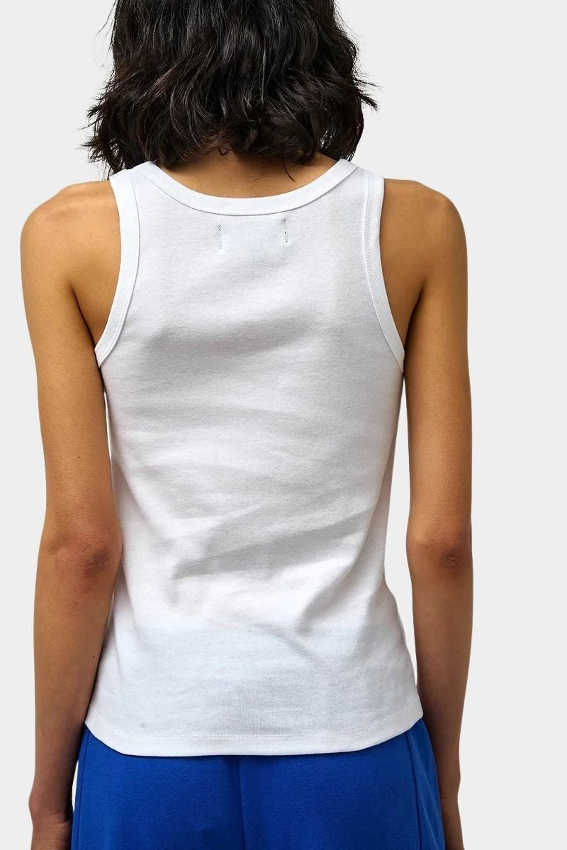 Back view of Max Top in White by No.6 featuring a clean scoop neckline and minimalist fitted sleeveless silhouette