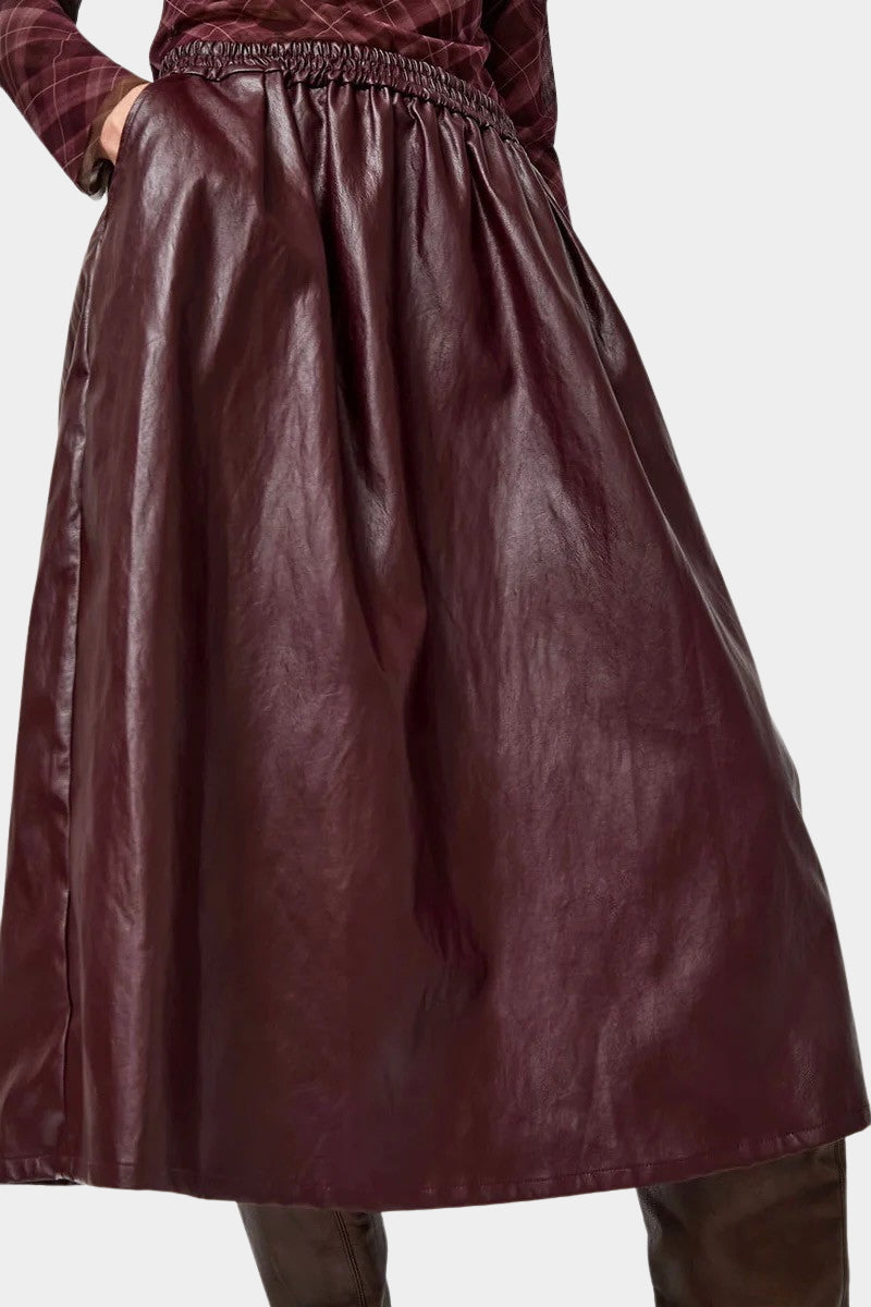 No.6 Mel Skirt in Bordeaux, angled front detail showing the sheen and gathered waistband