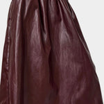 No.6 Mel Skirt in Bordeaux, angled front detail showing the sheen and gathered waistband