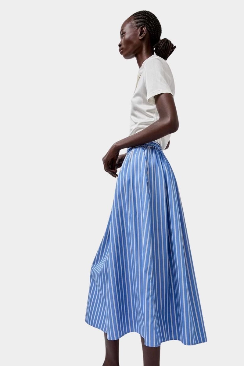 No.6 Mel Skirt in Eton Stripe blue and white cotton A-line skirt side profile showing elastic waistband and volume
