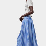 No.6 Mel Skirt in Eton Stripe blue and white cotton A-line skirt side profile showing elastic waistband and volume