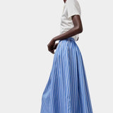 No.6 Mel Skirt in Eton Stripe blue and white cotton A-line skirt side profile showing elastic waistband and volume