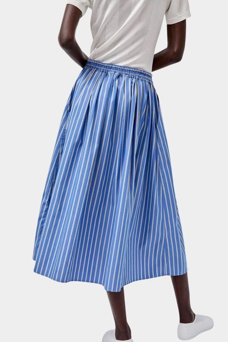 No.6 Mel Skirt in Eton Stripe blue and white cotton A-line midi skirt back view with elastic waistband detail