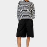 No.6 Mick Short in black cotton ripstop high-rise bermuda shorts full look styled with striped top and black loafers