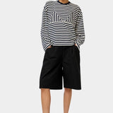 No.6 Mick Short in black cotton ripstop high-rise bermuda shorts full look styled with striped top and black loafers