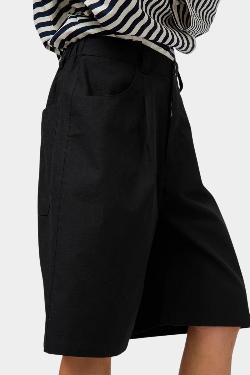 No.6 Mick Short in black cotton ripstop bermuda shorts side detail showing pocket and zip fly construction