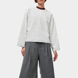 No.6 Nora Top in White Stripe, full front view styled with gray wide leg shorts