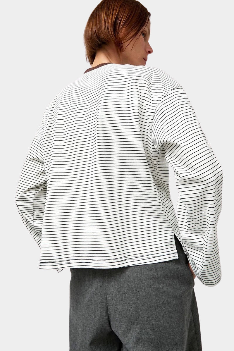 No.6 Nora Top in White Stripe, back view showing the horizontal stripes and relaxed cut