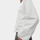 No.6 Nora Top in White Stripe, side profile highlighting the dropped shoulder and wide cuff