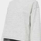 No.6 Nora Top in White Stripe, angled front view showing the brown crew neck and wide sleeve at YUCCA Denver