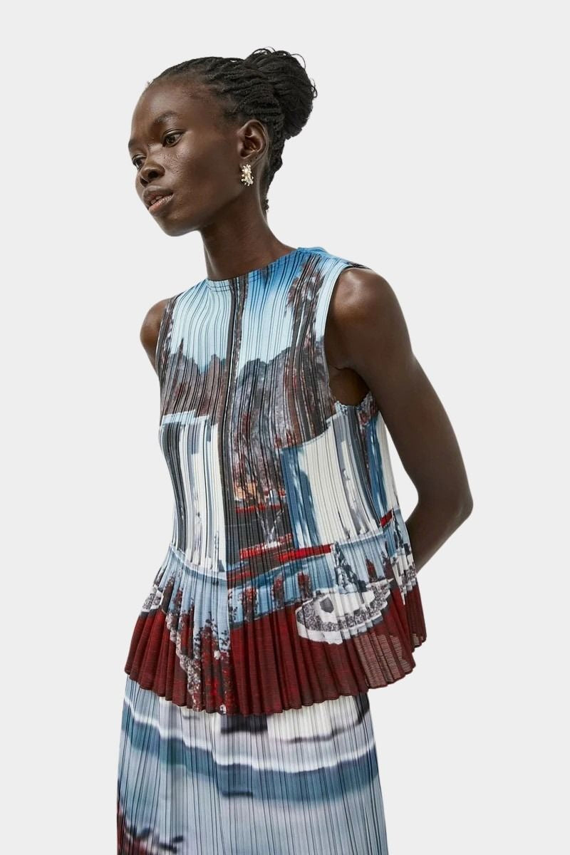Side profile of No.6 pleated sleeveless top with soft movement and artful print at SHOP YUCCA Denver