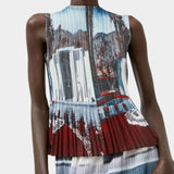 Sculptural pleated tank top in Cinema print with fluid drape and architectural shape at SHOP YUCCA Denver
