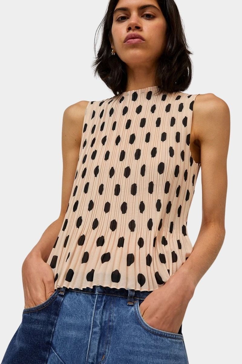 No.6 Rae Top in cream with black dot print sleeveless pleated blouse