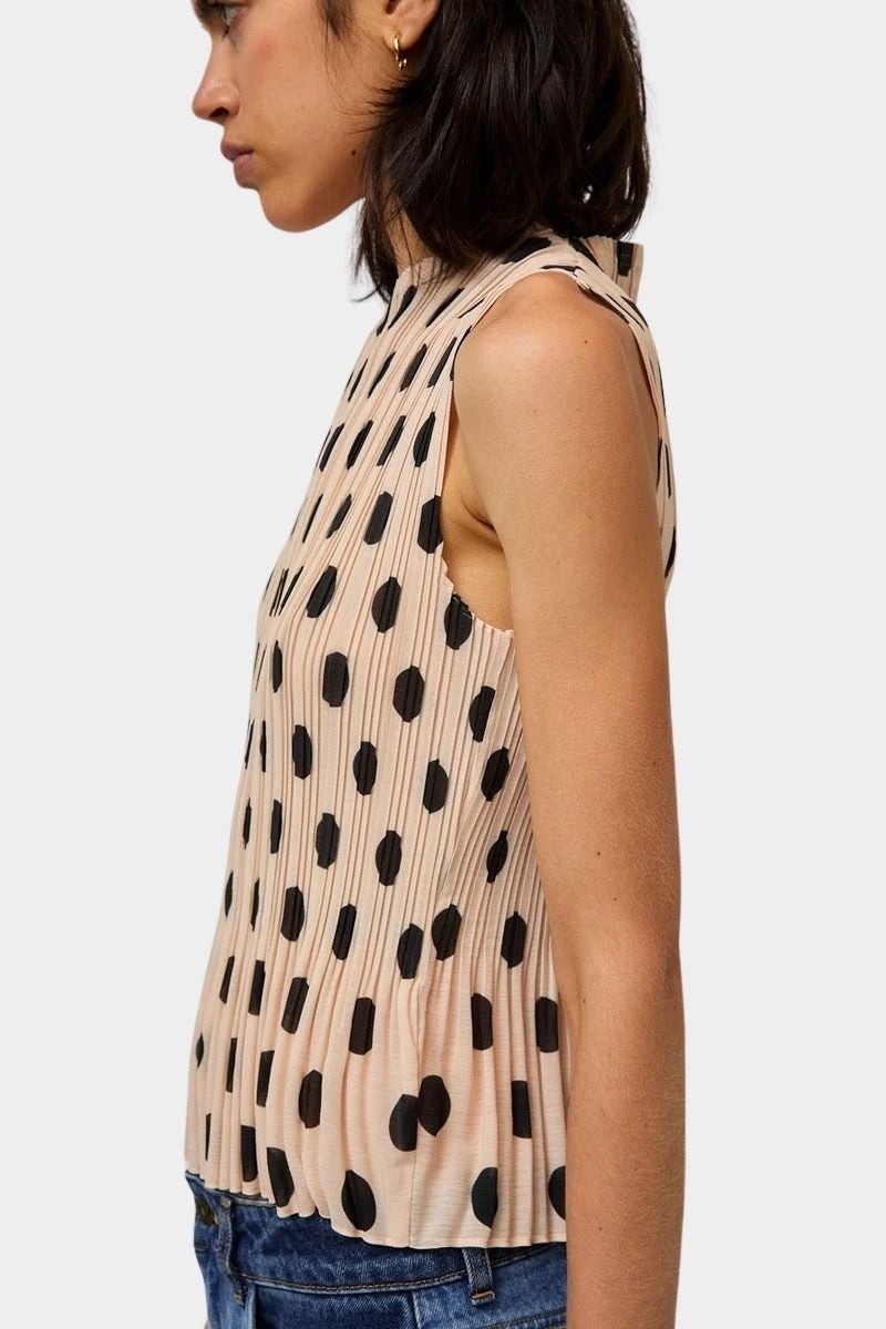 No.6 Rae Top cream black dot sleeveless pleated top side view