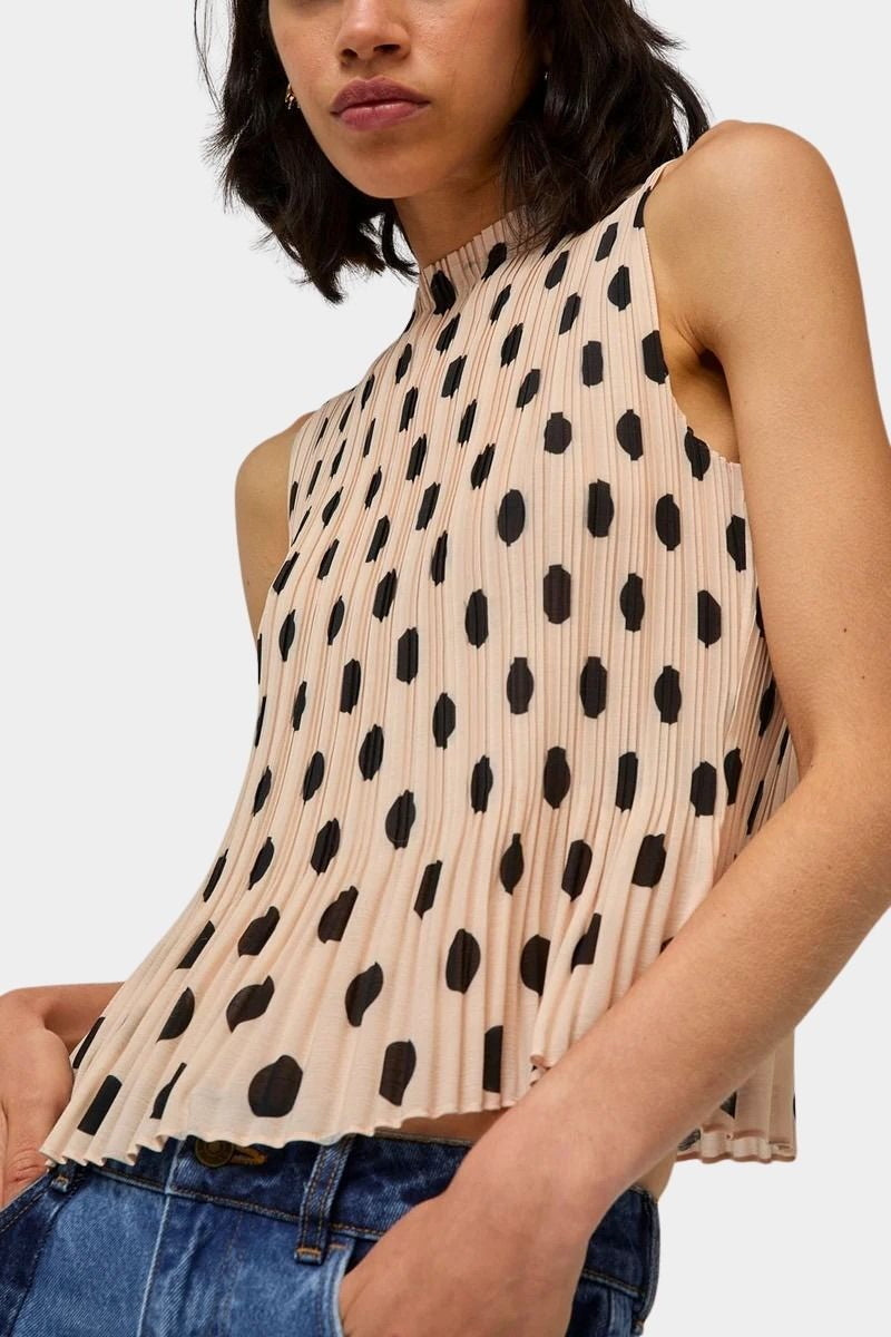 No.6 Rae Top in cream with black dots and pleated mock neckline