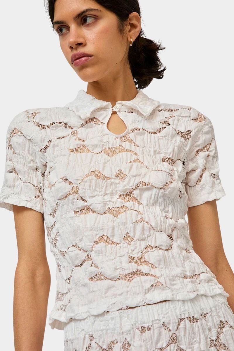 No.6 Rema Top White lace slim fit blouse with pointed collar and keyhole detail