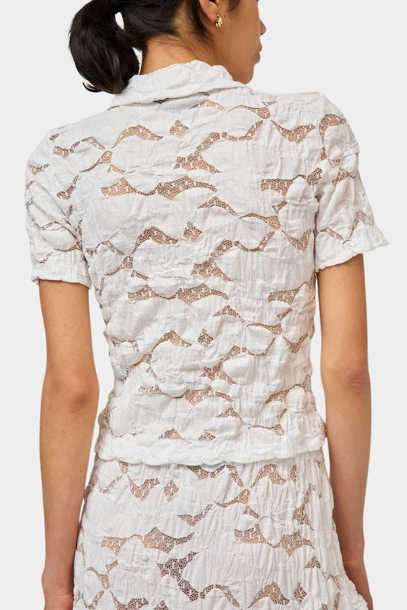 No.6 Rema Top White lace blouse back view with short sleeves and textured cotton blend fabric