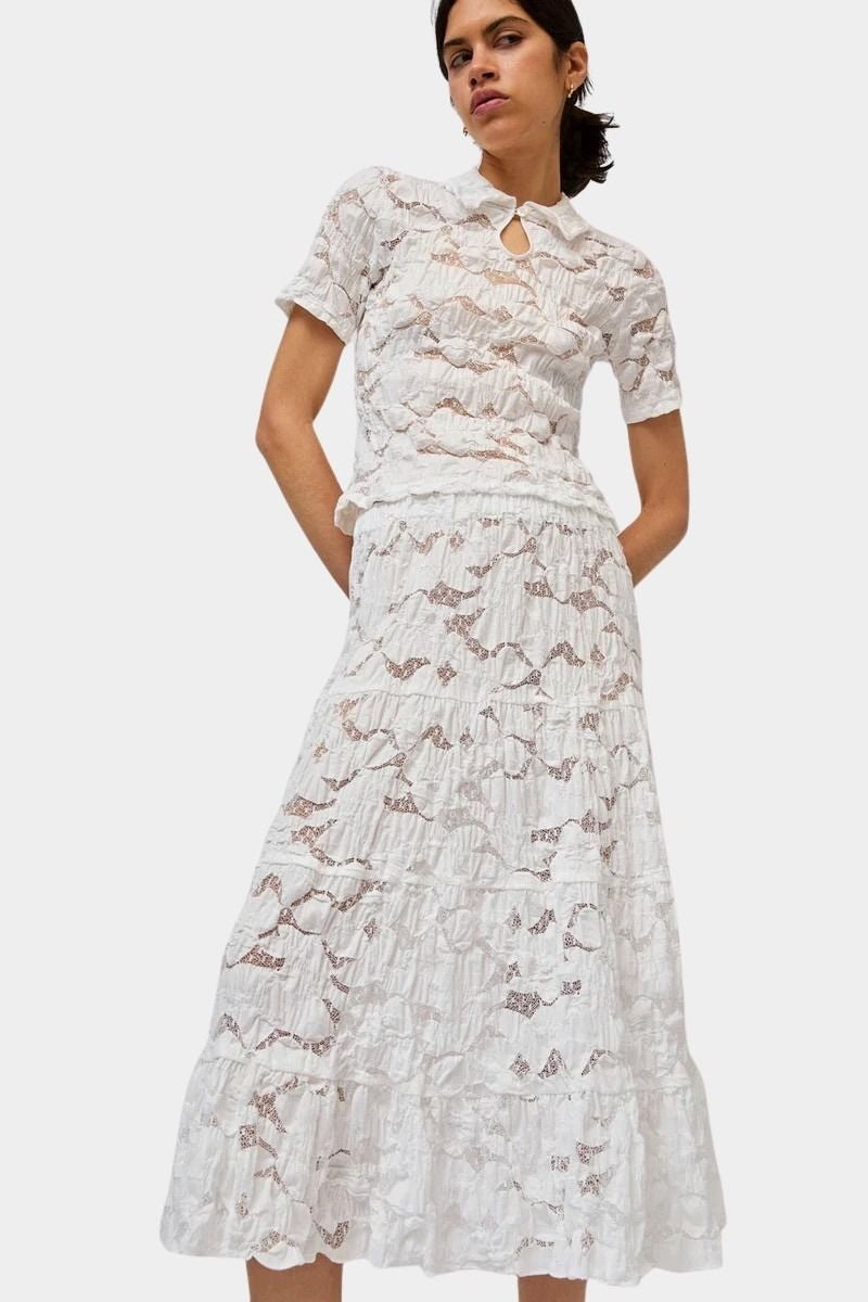 No.6 Rema Top in White lace short sleeve blouse with pointed collar and keyhole neckline