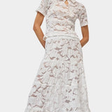 No.6 Rema Top in White lace short sleeve blouse with pointed collar and keyhole neckline