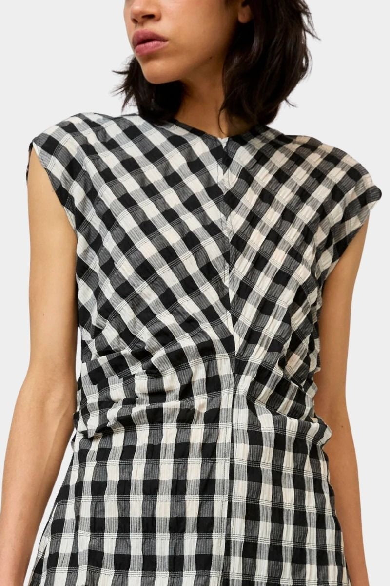 No.6 Rochelle Dress gingham with ruched waist and cap sleeves