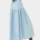 No.6 Sky blue midi skirt with curved yoke and airy textured fabrication at SHOP YUCCA Denver