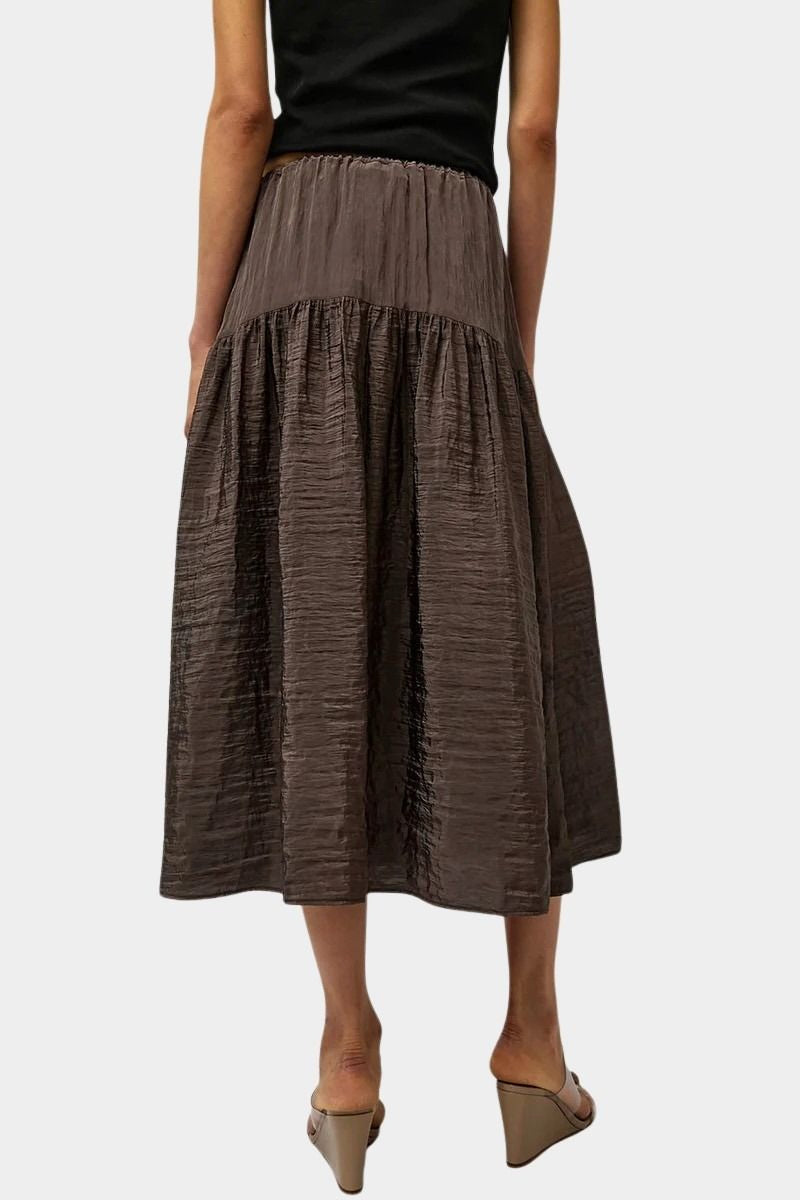 Back view of No.6 Sophia Skirt Slate with gathered midi silhouette and textured sheen at SHOP YUCCA Denver