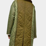 No.6 Summit Jacket in Olive, back view showing the contrasting quilted panels and long hem