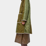 No.6 Summit Jacket in Olive, full side profile showing the relaxed shape and above knee length