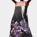 No.6 Tierney Dress in Eclipse featuring fluid pleated fabrication, sleeveless midi silhouette, abstract floral imagery, and lightweight sculptural drape.
