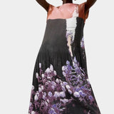 No.6 Tierney Dress in Eclipse featuring fluid pleated fabrication, sleeveless midi silhouette, abstract floral imagery, and lightweight sculptural drape.